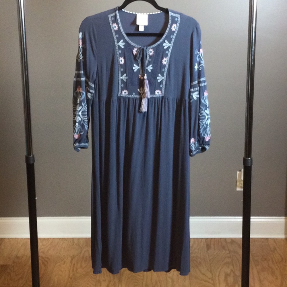 S Knox Rose Embroidered Navy Boho Midi Dress with Tassel Tie